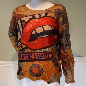 Kawaii Graphic Rocky Horror Picture Show Lips Music Sweater with Scalloped Edges
